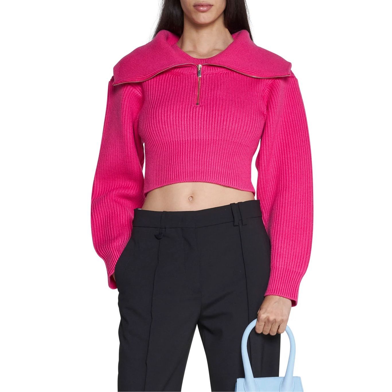 Nwt Jacquemus Risoul Merino Wool 1/4 Zip Rib Layered Crop Sweater Fr36/Us4 $890